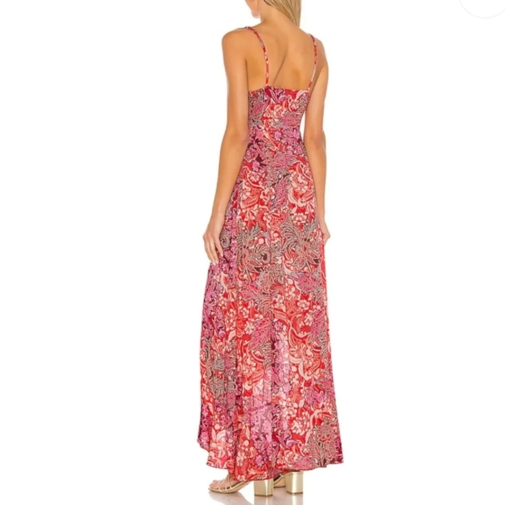 Free People Forever Yours Smocked Slip Dress Maxi Ruffled Slit Floral Red Sm NWT - Picture 3 of 16